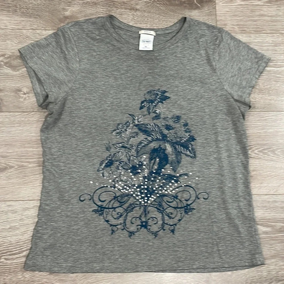 🌸 Old Navy Perfect Fit Short Sleeve Top Floral Rhinestone Gray XL - Picture 4 of 10